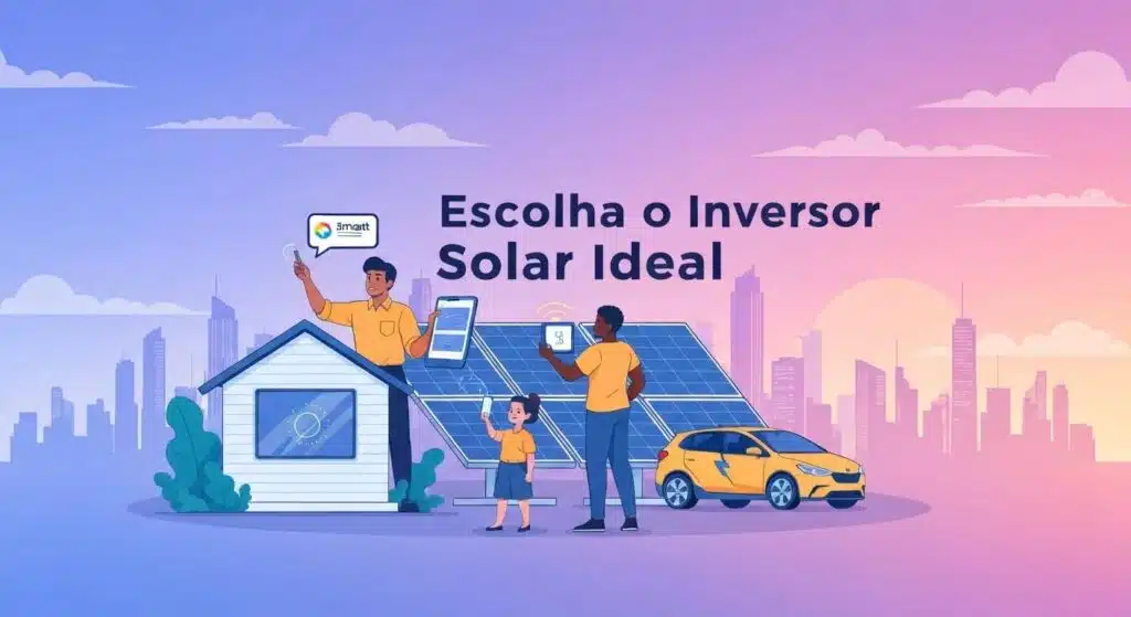 Ilustração de família e técnicos escolhendo o melhor inversor solar para sistema fotovoltaico residencial com carro elétrico, destacando a escolha do inversor ideal em projeto de energia solar em Londrina-PR conectado à COPEL.