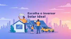 Ilustração de família e técnicos escolhendo o melhor inversor solar para sistema fotovoltaico residencial com carro elétrico, destacando a escolha do inversor ideal em projeto de energia solar em Londrina-PR conectado à COPEL.