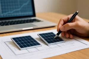 Engenheiro da BF Solar comparando módulos fotovoltaicos sobre planta de telhado para definir a melhor placa solar em 2026, Londrina-Pr.